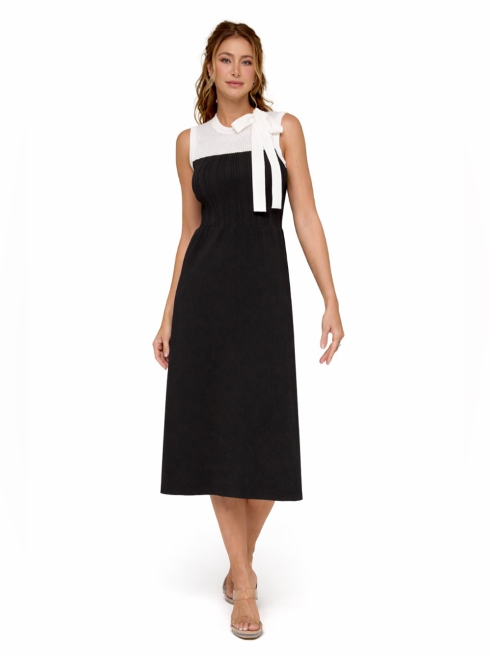 Sleeveless Black Midi Dress with White Bow Yoke